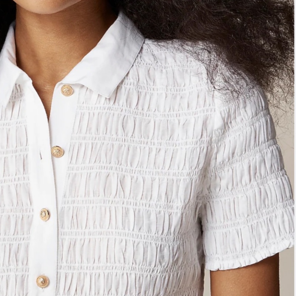 J. Crew Top Smocked button-up shirt in cotton-blend voile / white / Sz. L - Picture 11 of 12
